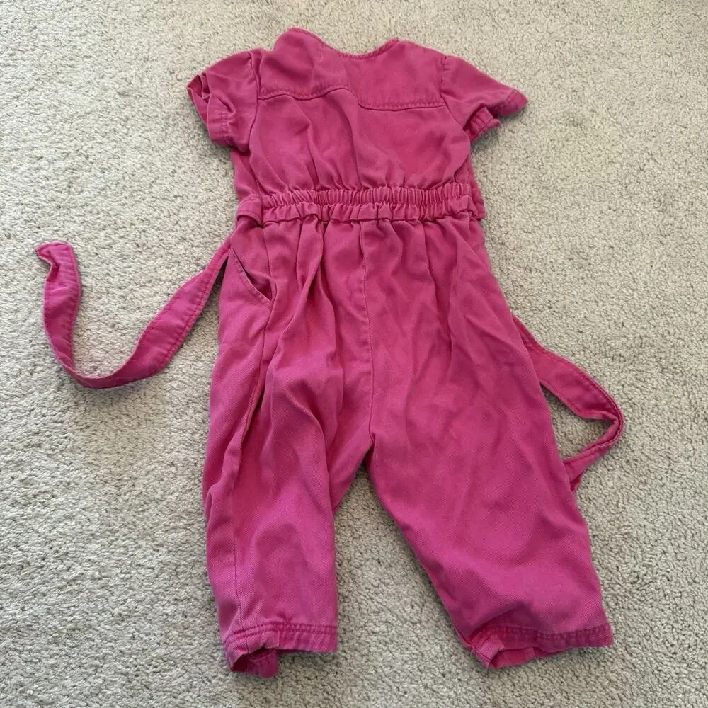 Lot of 2 12-18M Zara romper one-piece pink brown cotton button short sleeve